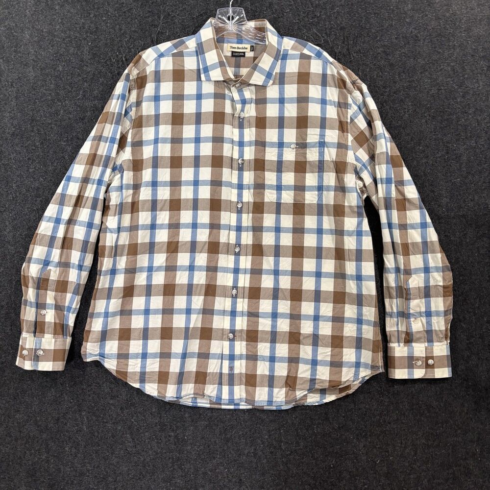 Tom Beckbe Shirt Men's XXL Brown Blue Plaid Cotton Tencel Pocket Casual